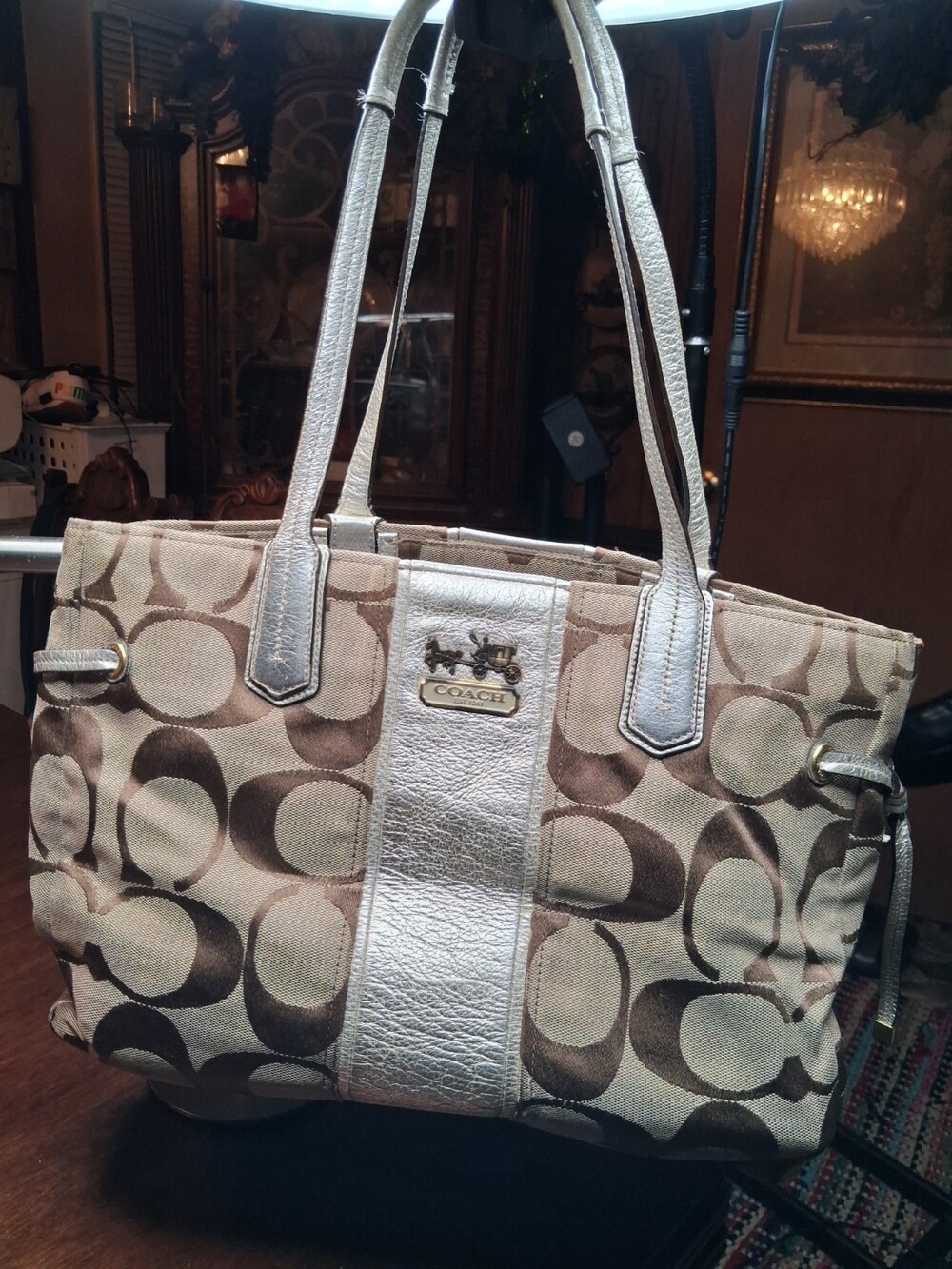 Vintage Coach Bag No J1126-18967 Chelsea Gold Stripe Leather Canvas Charlie Tote